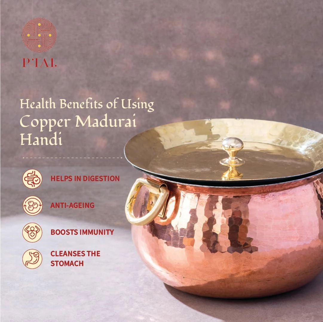 P-TAL Copper Madurai Handi Tin Coated with Lid, 2300 g-4.webp